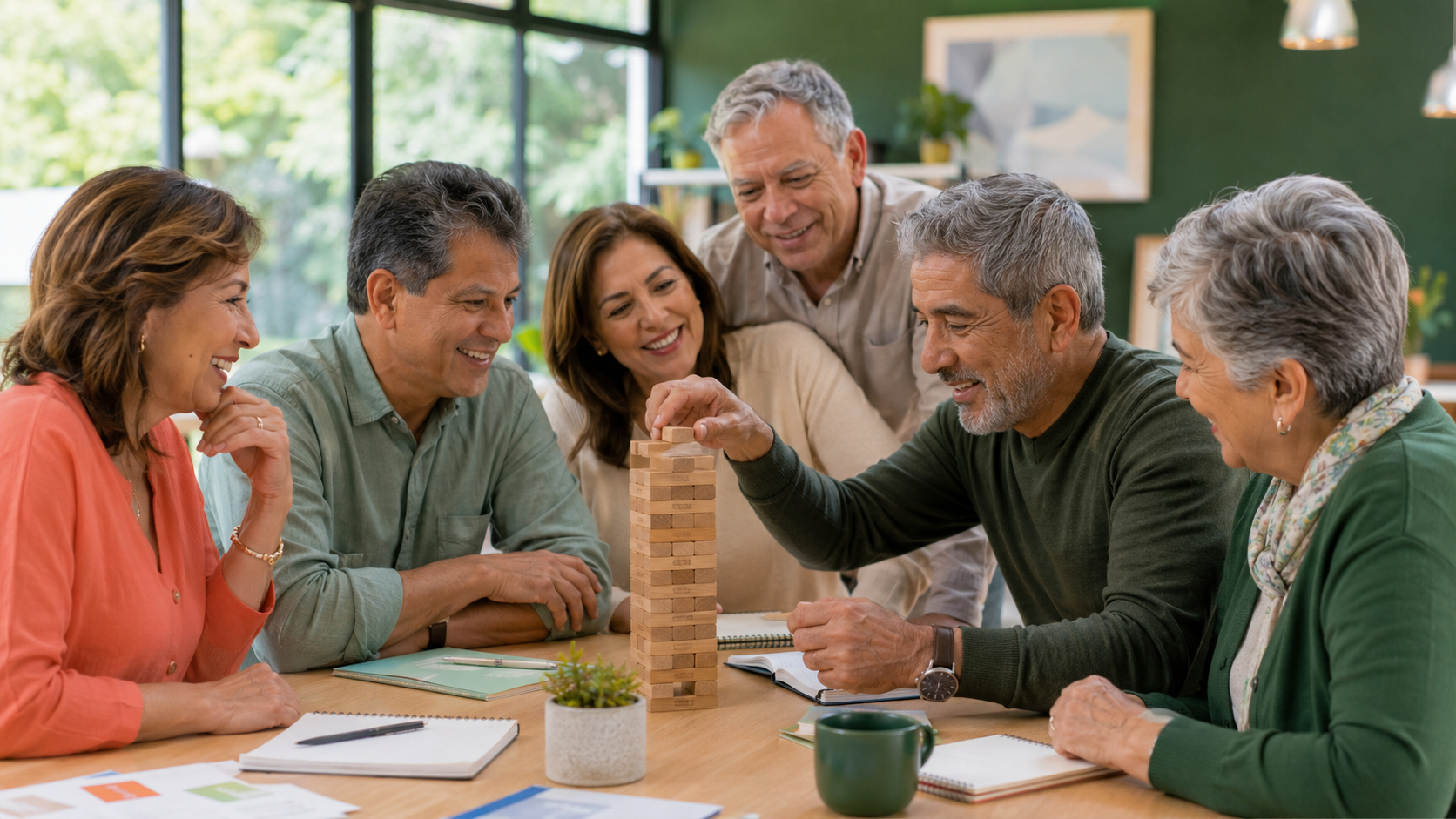 Personas latinoamericanas 55+ participando en una experiencia presencial con un juego de bloques