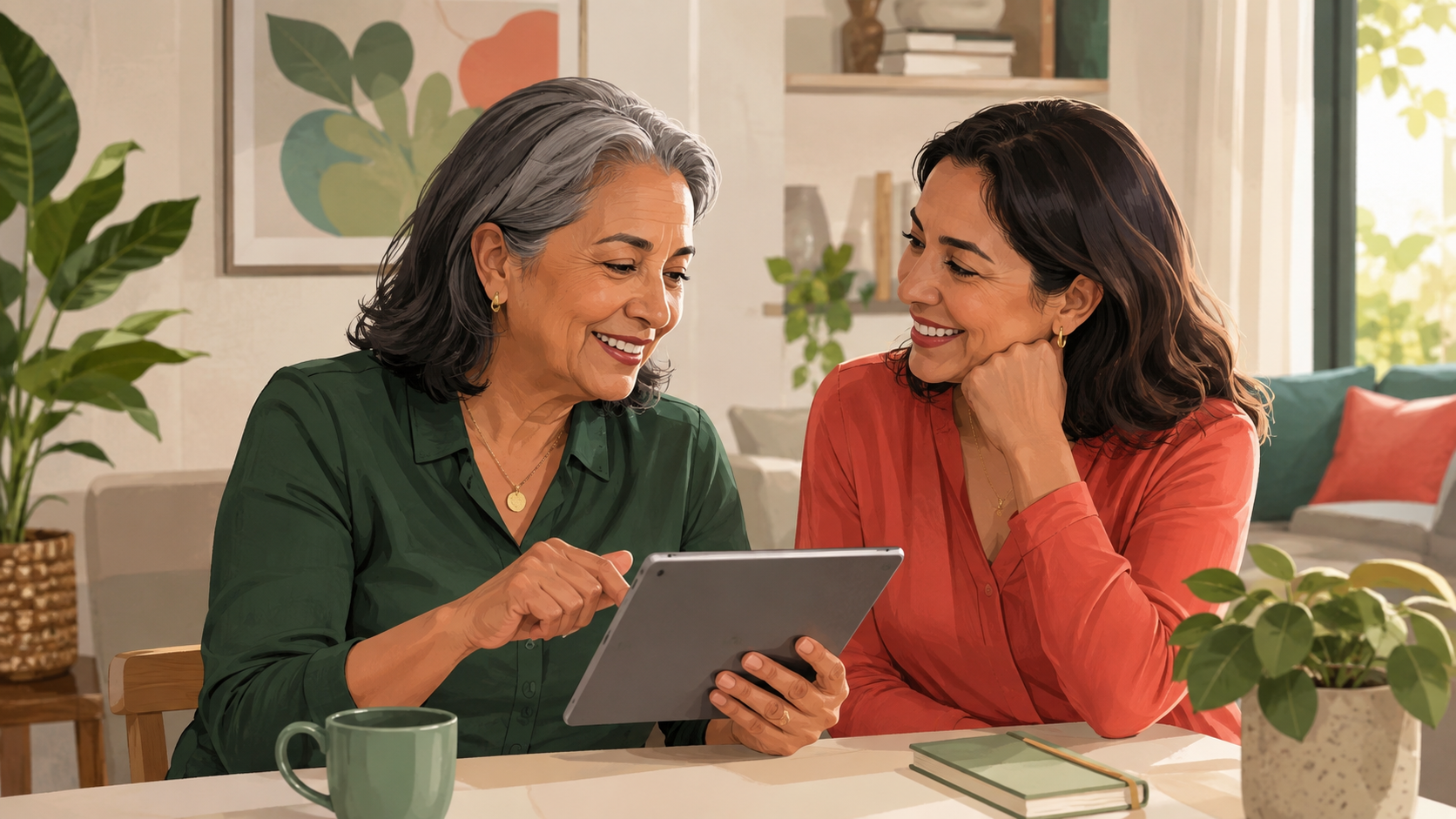 Mujer 55+ utilizando una tableta junto a un familiar que la acompaña